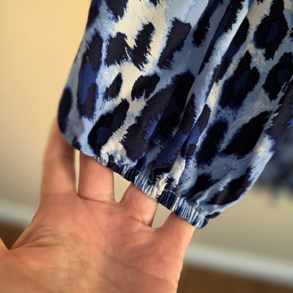 Crown & Ivy Dress Womens Small Blue Leopard Print Long Balloon Sleeve Mini Boho - Picture 5 of 12